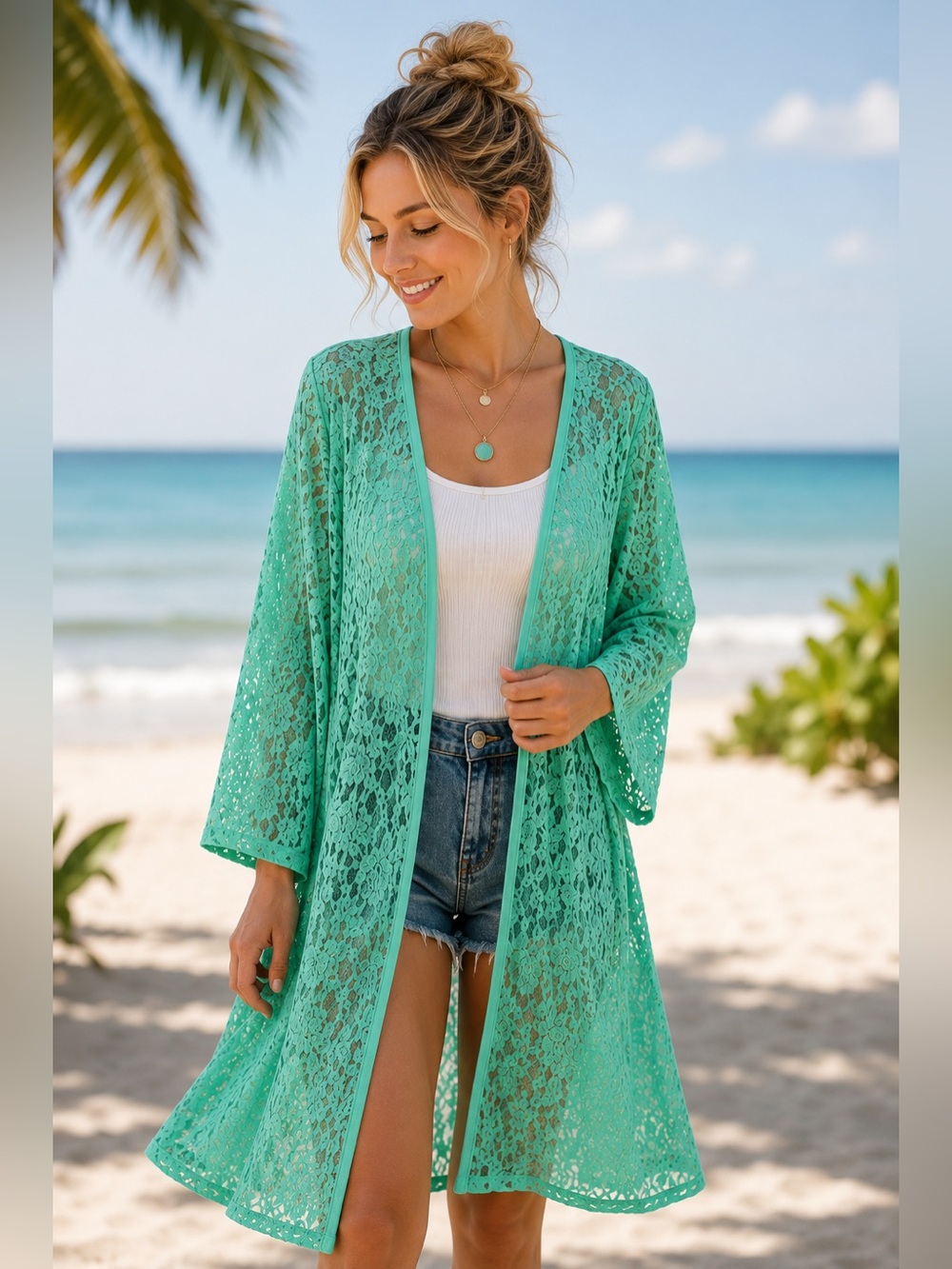 Neblina Seafoam Lace Duster Cardigan Large | Boho Beach Cover Up Resort Wear